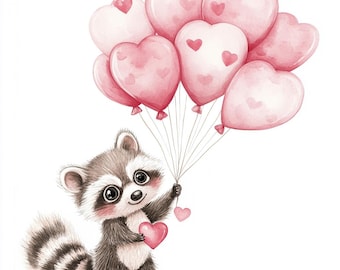 16 imágenes prediseñadas de mapache para San Valentín, imágenes prediseñadas de globos con forma de corazón de acuarela, archivos JPG imprimibles de alta calidad, descarga digital, manualidades de papel, diarios basura