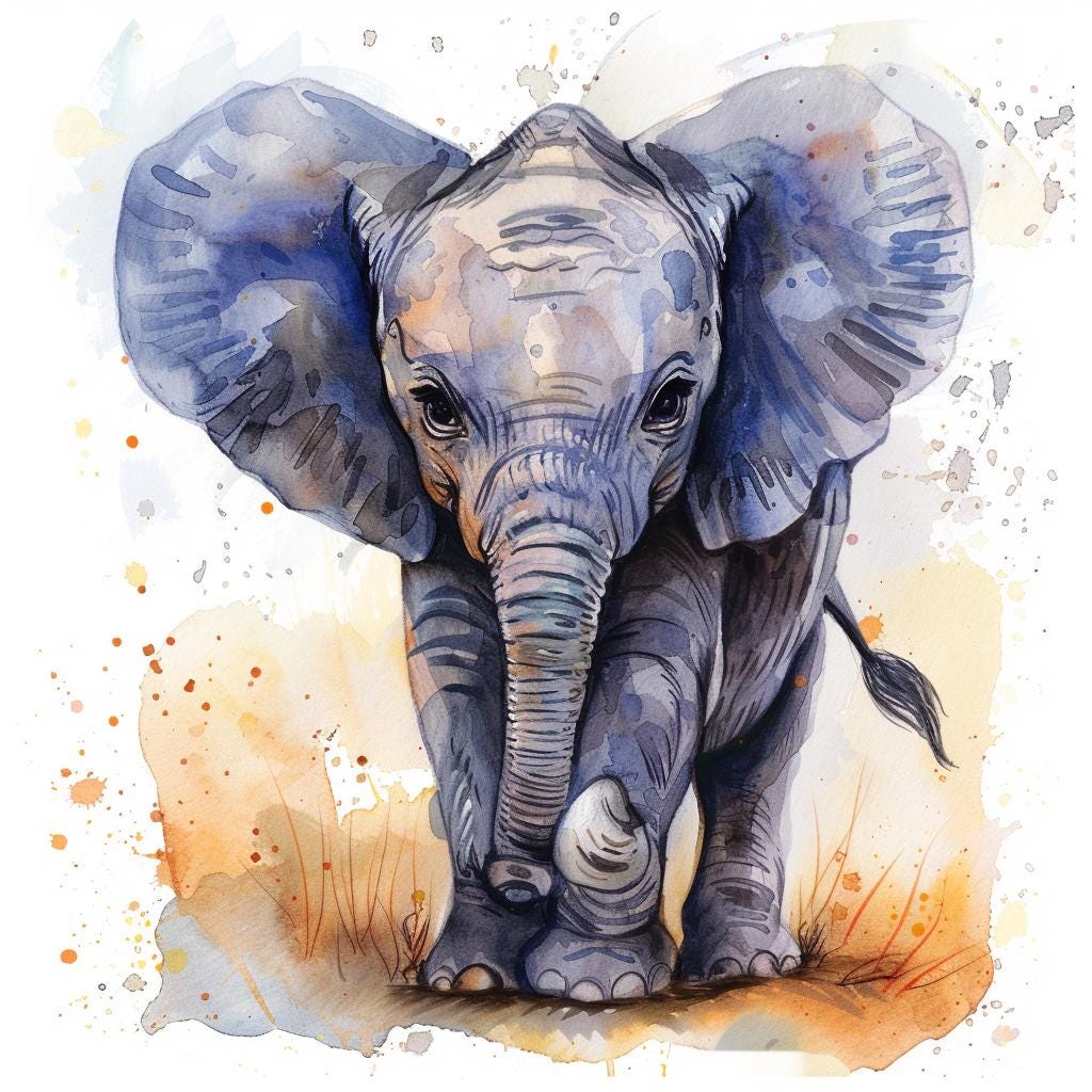 Watercolor Baby Elephant Clipart: Colorful Nursery Art (digital ...