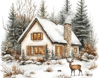 16 imágenes prediseñadas de cabaña de invierno, imágenes prediseñadas de casa navideña en acuarela, archivos JPG imprimibles de alta calidad, descarga digital, manualidades de papel, diarios basura