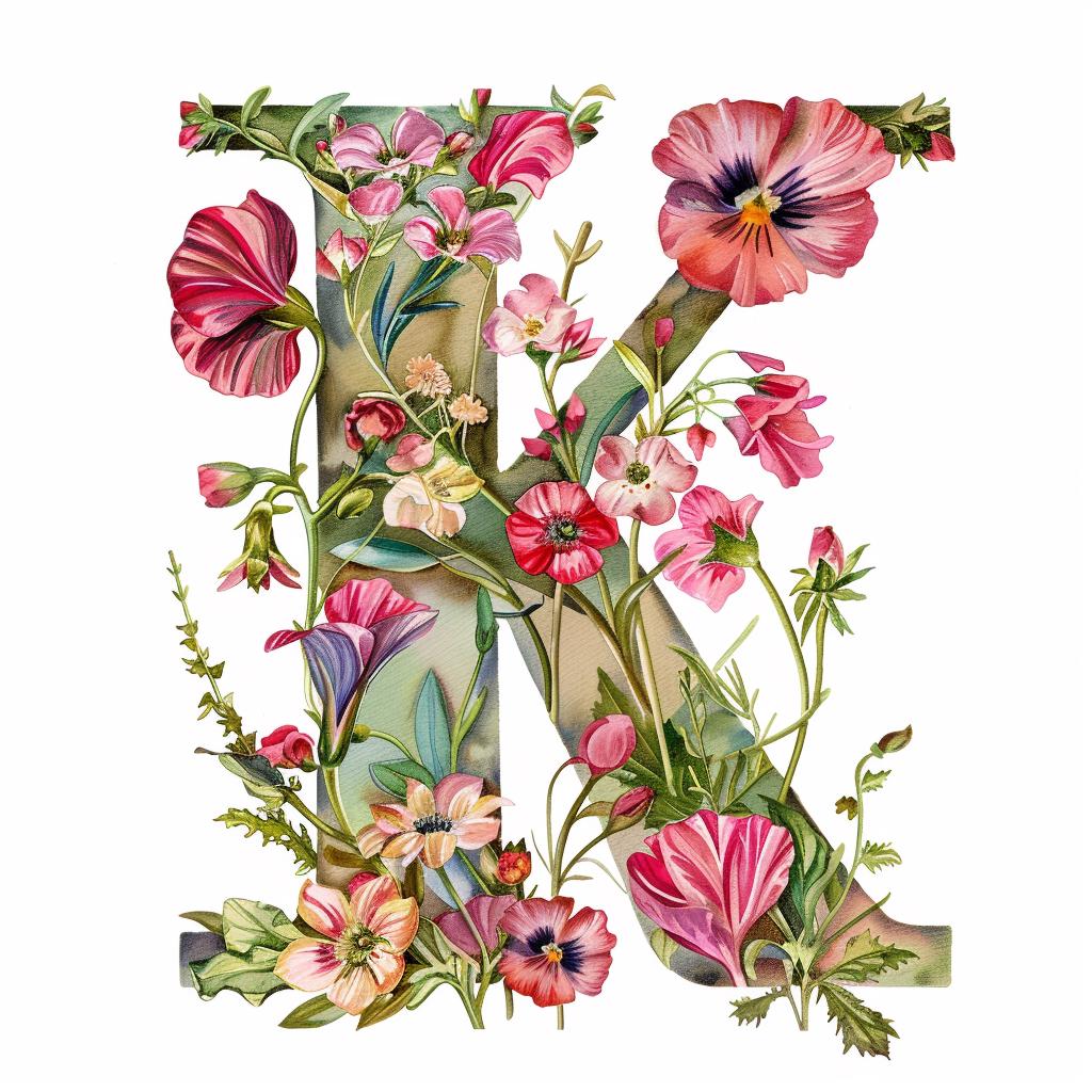 20 Floral Letter 'K' Clipart, Watercolor Floral Alphabet Clip Art, Printable High Quality JPGs, Digital download, Paper craft, Junk journals