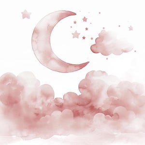 16 Pink Sky Clipart, aquarel roze maan en wolken illustraties, afdrukbare hoge kwaliteit JPG's, Digitale download, Papercraft, Junkjournals
