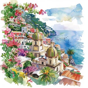 16 Amalfi Coast Clipart, Watercolor Positano Clip Art, Printable High Quality JPGs, Digital download, Paper craft, Junk journals