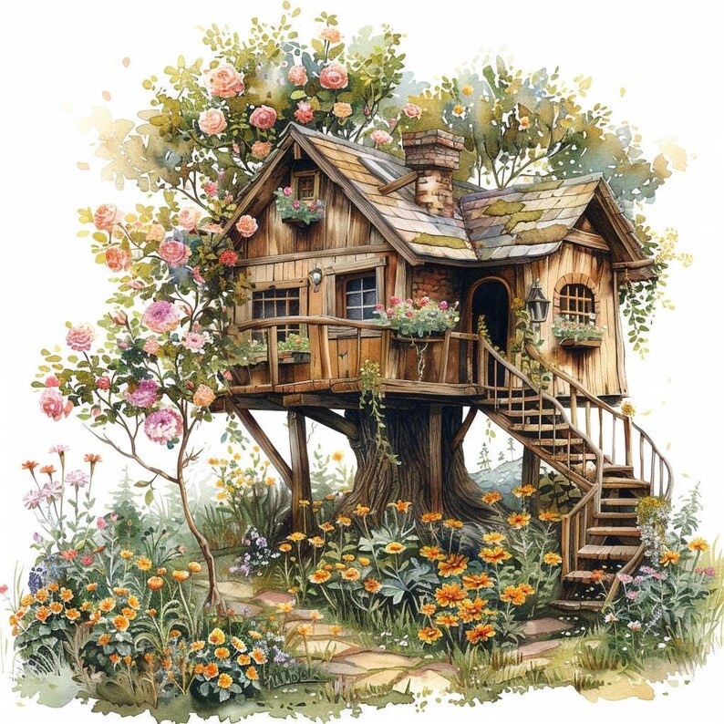 Treehouse With Color 16 Whimsical Treehouse Clipart, Watercolor Floral House Clipart ...