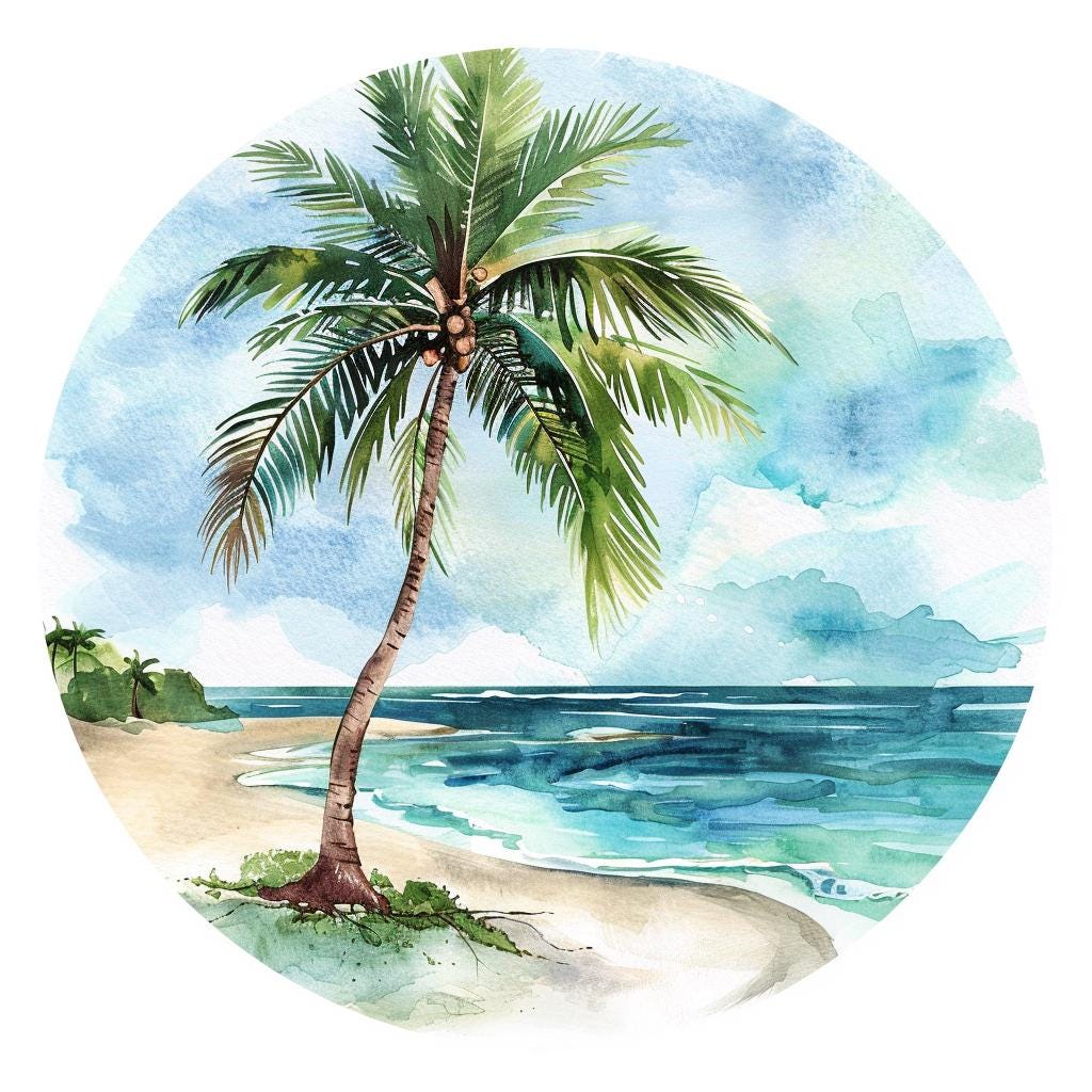 12 Beach Palm Tree Clipart, Watercolor Beach Landscape Clip Art
