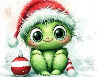 16 imágenes prediseñadas de Baby Grinch, imágenes prediseñadas de gnomo navideño en acuarela, archivos JPG imprimibles de alta calidad, descarga digital, manualidades de papel, diarios basura