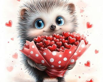 16 imágenes prediseñadas de erizo con ramo de corazones, imágenes prediseñadas de San Valentín en acuarela, archivos JPG imprimibles de alta calidad, descarga digital, manualidades de papel