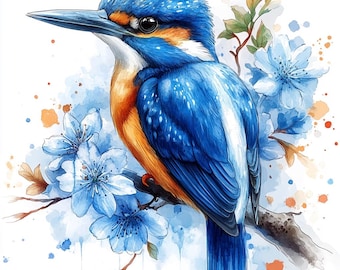 16 imágenes prediseñadas de pájaro martín pescador azul, imágenes prediseñadas de primavera en acuarela, archivos JPG imprimibles de alta calidad, descarga digital, manualidades de papel, diarios basura