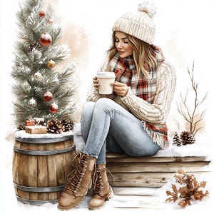 16 Woman In Winter Clipart, Watercolor Christmas Decor ClipArt, Printable High Quality JPGs, Digital download, Papercraft, Junk journals
