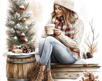 16 imágenes prediseñadas de mujer en invierno, imágenes prediseñadas de decoración navideña en acuarela, archivos JPG imprimibles de alta calidad, descarga digital, manualidades en papel, diarios basura
