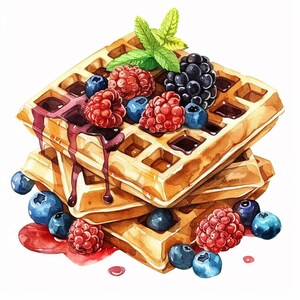 16 Waffle with Fruit Clipart, Watercolor Waffle Breakfast ClipArt, Printable High Quality JPGs, Digital download, Paper craft, Junk journals