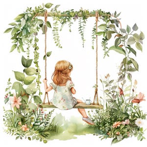 16 Girl On A Swing Clipart, Watercolor Garden Swing Clip Art, Printable High Quality JPGs, Digital download, Paper craft, Junk journals