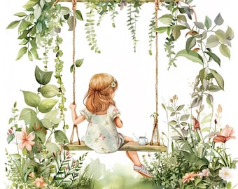 16 Girl On A Swing Clipart, Watercolor Garden Swing Clip Art, Printable High Quality JPGs, Digital download, Paper craft, Junk journals