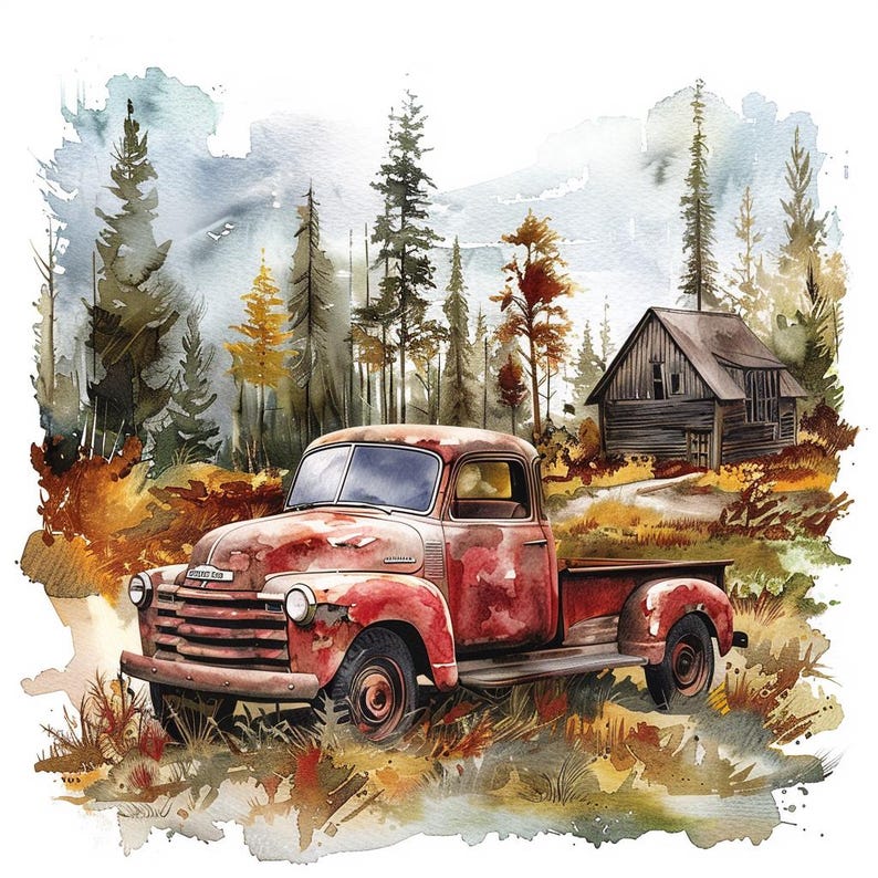 16 Old Truck Clipart, Watercolor Vintage Farm Truck Clip Art, Printable ...