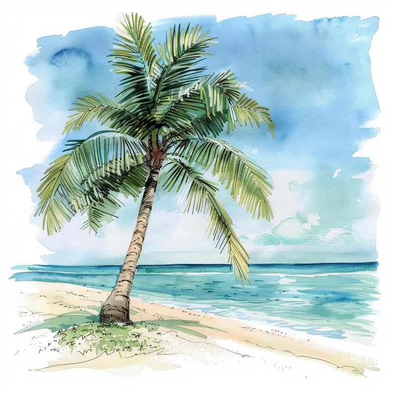 12 Beach Palm Tree Clipart, Watercolor Beach Landscape Clip Art