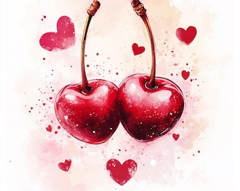 16 cerezas de San Valentín, imágenes prediseñadas de corazones rojos de acuarela, archivos JPG imprimibles de alta calidad, descarga digital, manualidades de papel, diarios basura