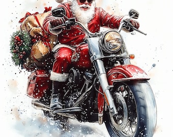 16 imágenes prediseñadas de Papá Noel en motocicleta, imágenes prediseñadas navideñas en acuarela, archivos JPG imprimibles de alta calidad, descarga digital, manualidades en papel, diarios basura