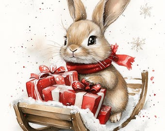 16 Conejito en trineo navideño, clip art de trineo de acuarela, archivos JPG imprimibles de alta calidad, descarga digital, manualidades de papel, diarios basura