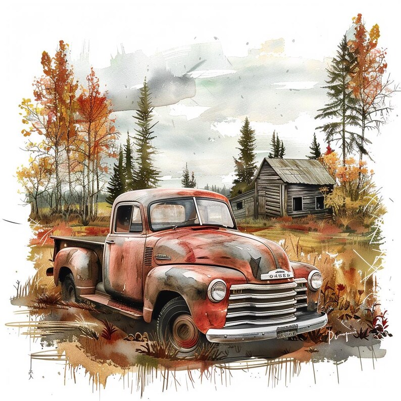 16 Old Truck Clipart, Watercolor Vintage Farm Truck Clip Art, Printable ...