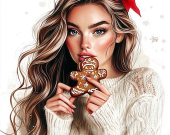 16 hermosas imágenes prediseñadas de niña navideña, imágenes prediseñadas de pan de jengibre con acuarela, archivos JPG imprimibles de alta calidad, descarga digital, manualidades de papel