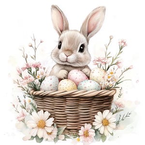 16 Bunny In Easter Basket Clipart, Watercolor Easter Egg Clip Art, Printable High Quality JPGs, Digital download, Paper craft, Junk journals