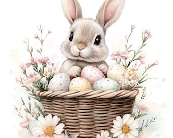 16 Conejito en canasta de Pascua Clipart, Acuarela Huevo de Pascua Clip Art, JPG imprimibles de alta calidad, Descarga digital, Manualidades de papel, Diarios basura