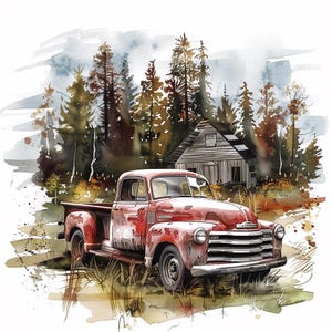 16 Old Truck Clipart, Watercolor Vintage Farm Truck Clip Art, Printable ...