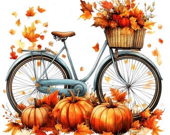 16 Autumn Bicycle Clipart, Watercolor Bicycle Pumpkins Clip Art, Printable High Quality JPGs, Digital download, Paper craft, Junk journals