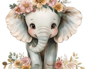 16 Clipart di elefantini Boho, ClipArt di elefanti floreali ad acquerello, JPG di alta qualità stampabili, Download digitale, Artigianato di carta, Diari spazzatura