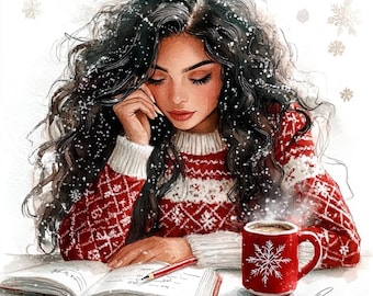 16 imágenes prediseñadas de mujer leyendo, imágenes prediseñadas de acuarela acogedoras de invierno, archivos JPG imprimibles de alta calidad, descarga digital, manualidades de papel, diarios basura