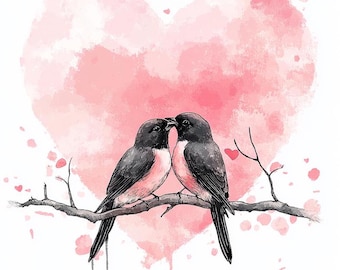 16 pájaros románticos en una rama, clip art de corazón de acuarela, archivos JPG imprimibles de alta calidad, descarga digital, manualidades de papel, diarios basura