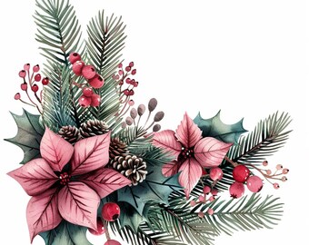 16 imágenes prediseñadas de decoración navideña rosa, imágenes prediseñadas de invierno con flores de acuarela, archivos JPG imprimibles de alta calidad, descarga digital, manualidades de papel, diarios basura