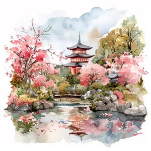 20 Clipart di giardini giapponesi, Clip Art di fiori di ciliegio ad acquerello, JPG di alta qualità stampabili, Download digitale, Artigianato di carta, Diari spazzatura