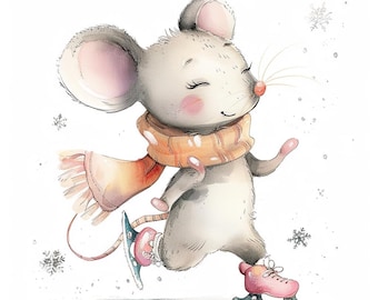 16 imágenes prediseñadas de ratón patinando, imágenes prediseñadas de animales de invierno en acuarela, archivos JPG imprimibles de alta calidad, descarga digital, manualidades de papel, diarios basura