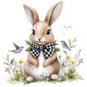 16 eleganti clipart di coniglietti pasquali, clipart di coniglietti di prato ad acquerello, JPG di alta qualità stampabili, download digitale, artigianato di carta, diari spazzatura