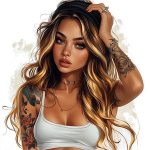 16 Clipart di ragazze tatuate, Clip art di belle donne ad acquerello, JPG di alta qualità stampabili, Download digitale, Carta artigianale, Diari spazzatura