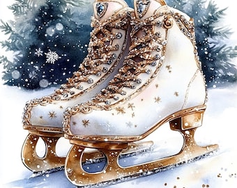 Clipart de patines de hielo en acuarela: Arte con botas brillantes (Descarga digital)