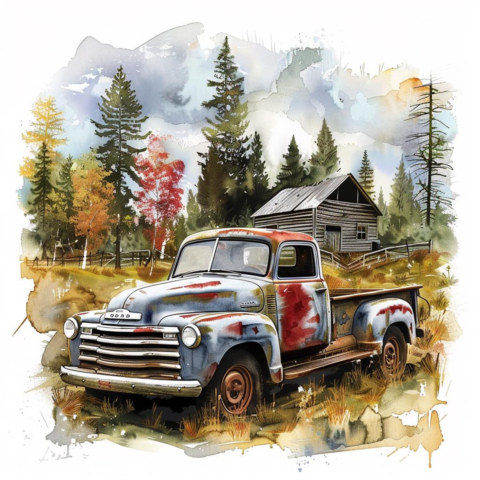 16 Old Truck Clipart, Watercolor Vintage Farm Truck Clip Art, Printable ...