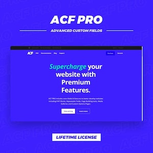 Może przedstawiać: Niebieska grafika promująca ACF PRO, Advanced Custom Fields. Obraz przedstawia interfejs strony internetowej z tekstem "Supercharge your website with Premium Features". Przyciski to "View pricing" i "Learn more". Słowa "LIFETIME LICENSE" znajdują się na dole.