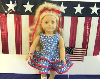 Blue Patriotic Dress For American Girl Doll Or Most 18inch Doll. 4th Of July, Red, White, And Blue. Independence Day
