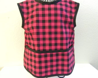 Toddler Red And Black Buffalo Check Art Smock, Apron Or Bib. With Black Bias Trim. Size 4t-5t.