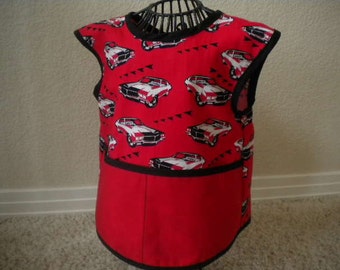 Toddler Car Art Smock or Apron With Black Bias Trim. Size 2t-3t