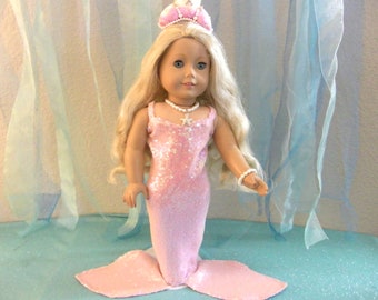 4-PC Pink Sequin Mermaid Costume With Mermaid Tiara, Mermaid Necklace And Bracelet For Like American Girl Doll Or Most 18 Inch Doll.