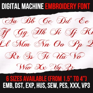 Może przedstawiać: Cyfrowa czcionka do haftu maszynowego w eleganckim, czerwonym skrypcie. Obraz wyświetla alfabet od A do Z. Tekst u góry brzmi "DIGITAL MACHINE EMBROIDERY FONT". Tekst na dole wskazuje 6 dostępnych rozmiarów, od 3,8 do 10,2 cm.