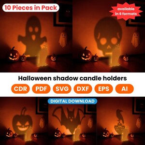 May include: A Halloween-themed image featuring shadow candle holders. The image showcases various spooky shapes like ghosts, skulls, pumpkins, bats, and ravens. The text "10 Pieces in Pack" and "available in 6 formats" are visible. The words "Halloween shadow candle holders" and "DIGITAL DOWNLOAD" are also present.