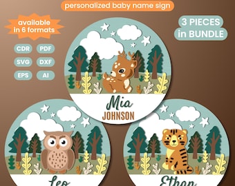 May include: A bundle of three laser-cut forest animal signs. Each sign features a different animal: a deer, an owl, and a tiger, with a personalized name. The signs are round with a forest background and the text "Forest Animal Bundle - Laser Cut Files".