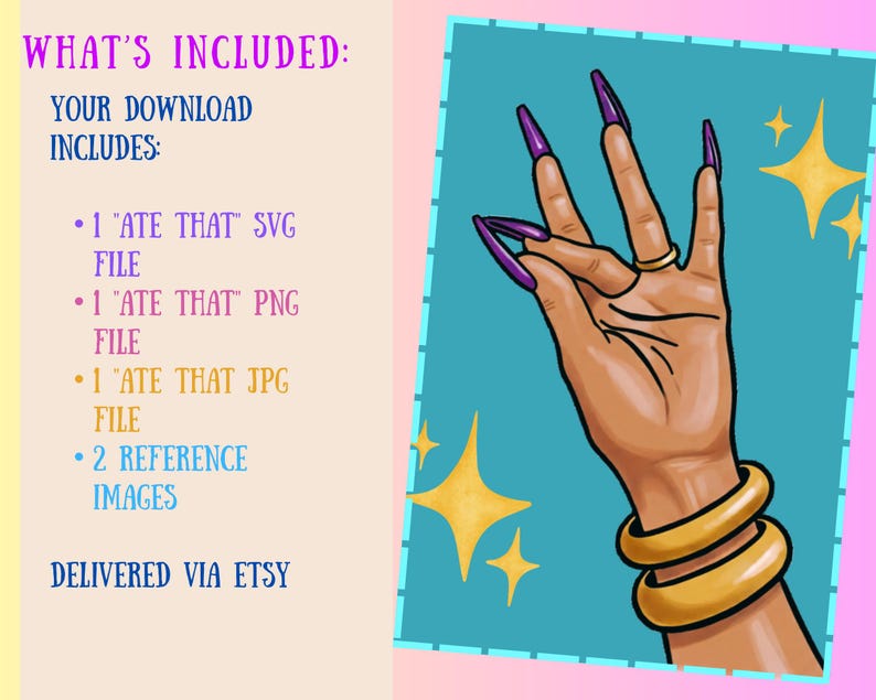 Digital download graphic featuring a hand with long purple fingernails, gold rings, and bracelets. The image is set against a teal background with yellow star accents. Text includes "ATE THAT" and file type information.