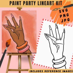 May include: A paint party lineart kit with reference images. The kit includes a canvas with a hand illustration, a black and white line drawing, and a paintbrush. The hand illustration features long nails, a gold ring, and orange and pink bracelets.