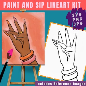 May include: A Paint and Sip Lineart Kit featuring a digital illustration of a hand with long nails, a gold ring, and two bracelets against a peach background, alongside a black and white line art version, SVG, PNG, and JPG file formats.
