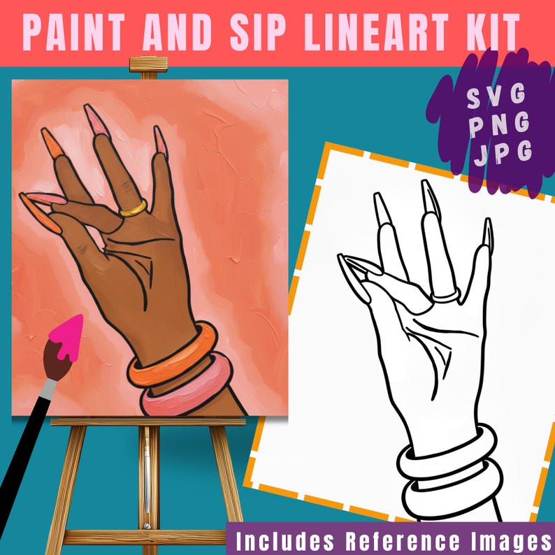 May include: A Paint and Sip Lineart Kit featuring a digital illustration of a hand with long nails, a gold ring, and two bracelets against a peach background, alongside a black and white line art version, SVG, PNG, and JPG file formats.