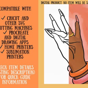 Digital art graphic featuring a hand with long, pointed nails, half in black and white line art, half in color. The image includes text indicating compatibility with Cricut and other cutting machines, drawing apps, and printers.